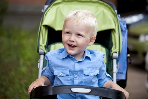 Liten pojke sitter i vagnen går i en sommar park — Stockfoto