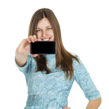 Selfie ile cep telefonu alarak genç güzel kadın