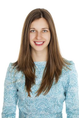 Whit turkuaz bir elbise genç güzel bir kadın portresi