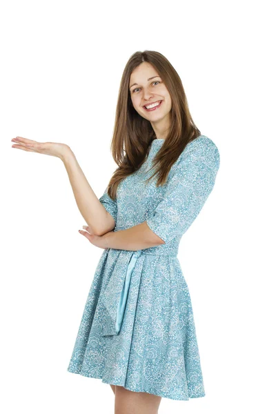 Retrato de uma bela jovem mulher em um vestido turquesa no whit — Fotografia de Stock