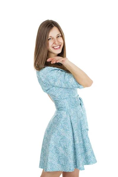 Portrait of a beautiful young woman in a turquoise dress on whit — Stock Photo, Image