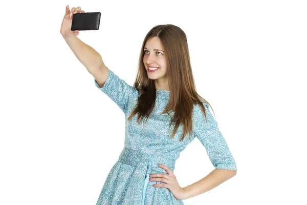 Young beautiful woman taking selfie with mobile phone — Stock Photo, Image