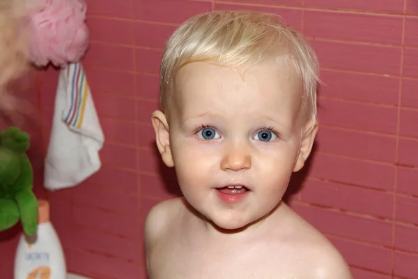 Blonde baby boy in bathroom — Stock Photo, Image