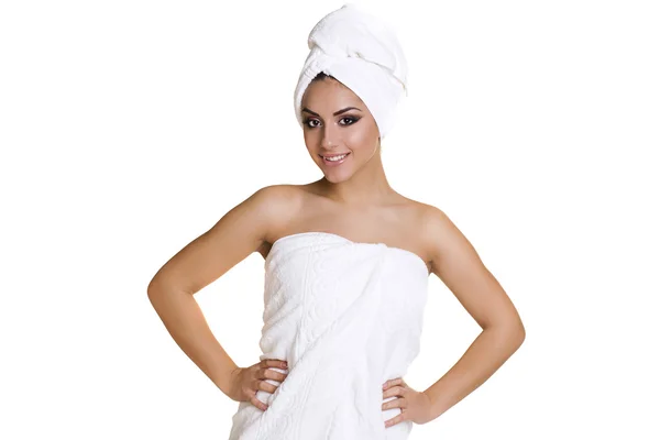 Beautiful young ethnic woman in white towel — Stock Photo, Image