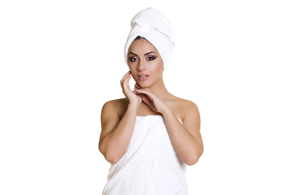 Beautiful young ethnic woman in white towel — Stock Photo, Image