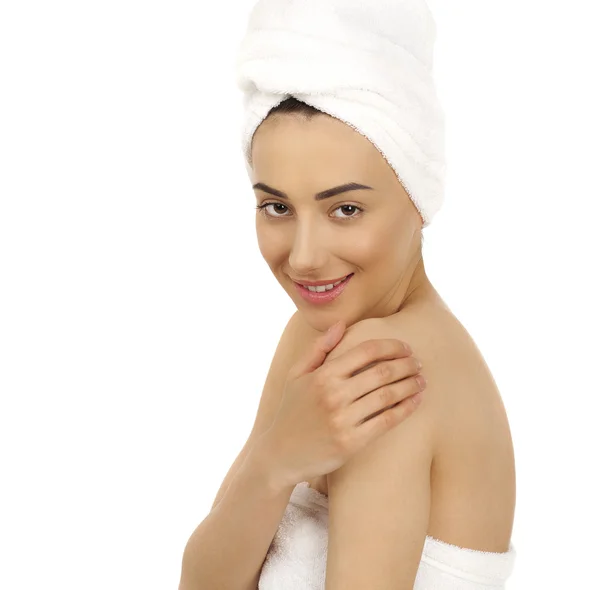 Portrait of a bared beautiful woman getting ready for the spa tr — Stock Photo, Image