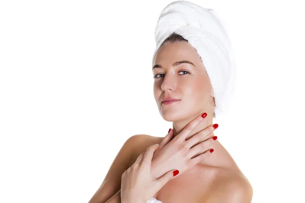 Bella ragazza felice Spa isolato su uno sfondo bianco — Foto Stock