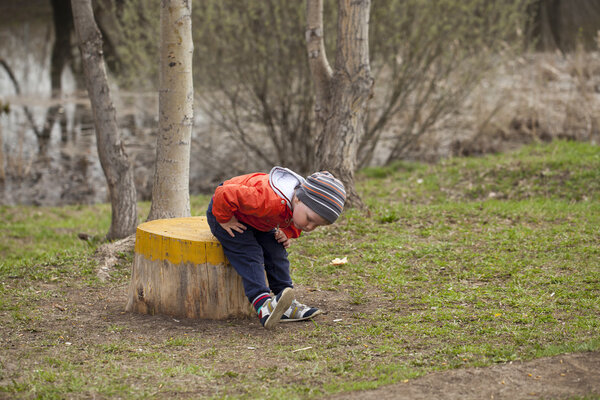 Little boy sitting on a stump in the spring park