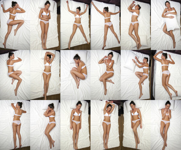 Спальные позиции. Молодая женщина в белых трусах спит
 