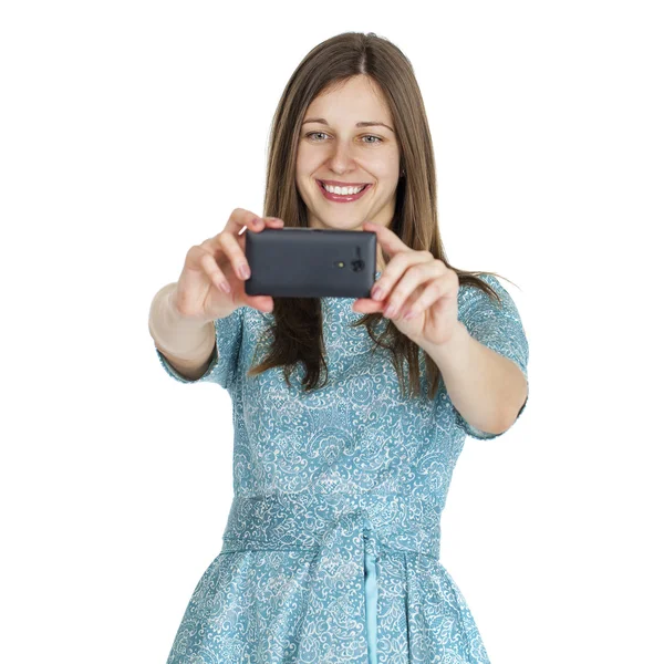 Selfie ile cep telefonu alarak genç güzel kadın