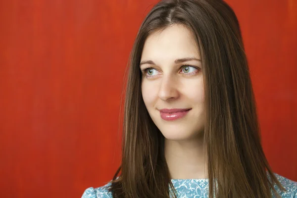 Portrait of a beautiful young woman in a turquoise dress on red Stock Picture