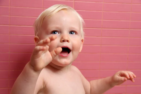 Blonde baby boy in bathroom — Stock Photo, Image