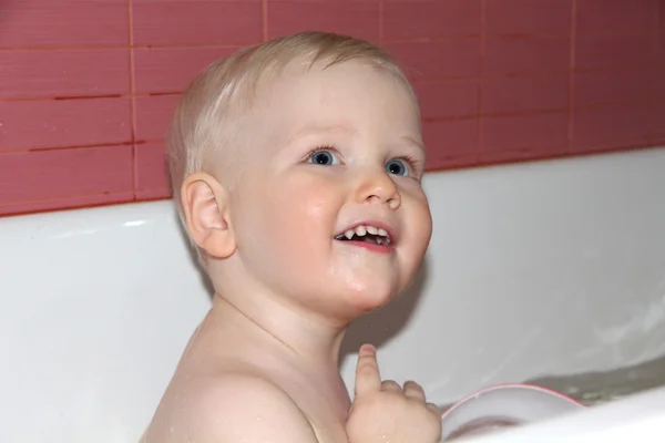 Blonde baby boy in bathroom — Stock Photo, Image