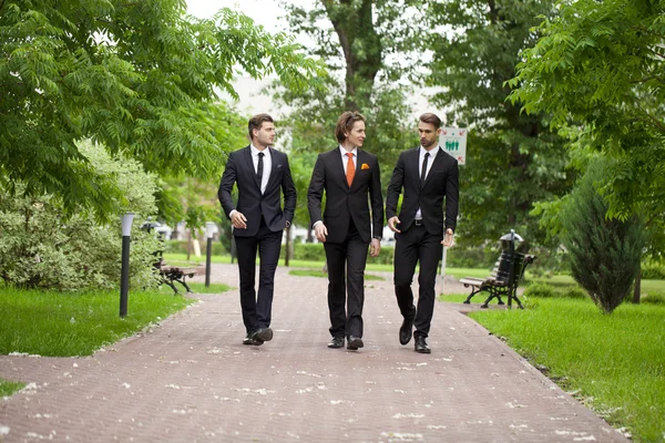 Три молодых человека в элегантных деловых костюмах — стоковое фото