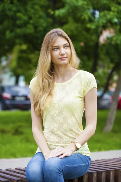 Portrait close up of young beautiful blonde woman — Stock Photo, Image