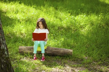 Orman ağaç kütüğü üzerinde oturup kitap ile sevimli küçük kız