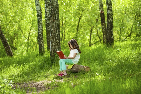 Γοητευτικό μικρό κορίτσι στο δάσος με το βιβλίο κάθεται στο κούτσουρο — Φωτογραφία Αρχείου