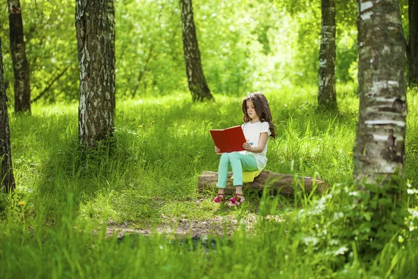 Encantadora niña en el bosque con libro sentado en el tocón del árbol — Foto de Stock