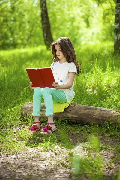 Charmantes kleines Mädchen im Wald mit Buch auf Baumstumpf sitzend — Stockfoto