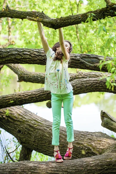Holčička na kmen stromu — Stock fotografie