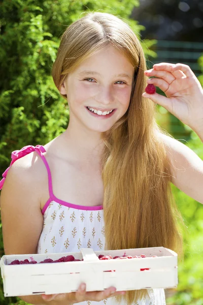 Beautiful girl holding a box with a raspberry — Stock Photo, Image