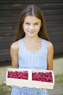 Ahududu ile bir kutu tutan güzel küçük kız