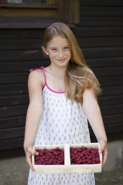 Beautiful girl holding a box with a raspberry — Stock Photo, Image