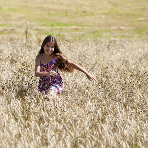 Beautiful young little girl running summer field — Stock Photo, Image