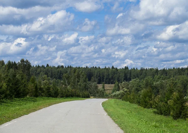 沥青路面，通过绿色的森林和蓝蓝的天空上的云 — 图库照片