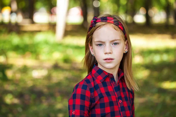 Portrait Red Haired Little Girl Red Plaid Shirt — Stock Photo, Image