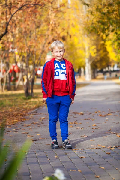 Porträtt Liten Pojke Röd Träningsoverall Poserar Mot Bakgrund Höstpark — Stockfoto