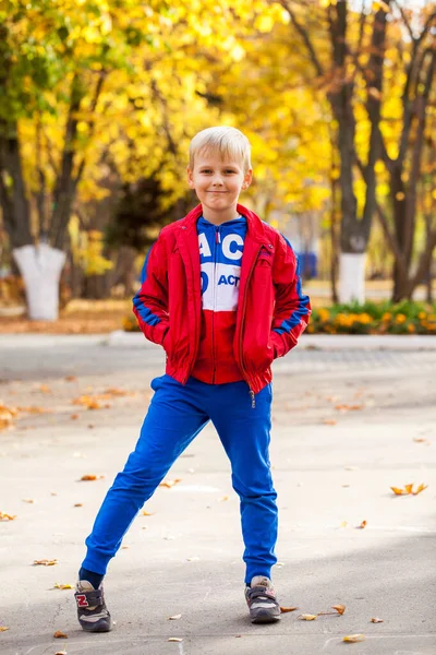 Ritratto Bambino Tuta Rossa Che Posa Sullo Sfondo Parco Autunnale — Foto Stock