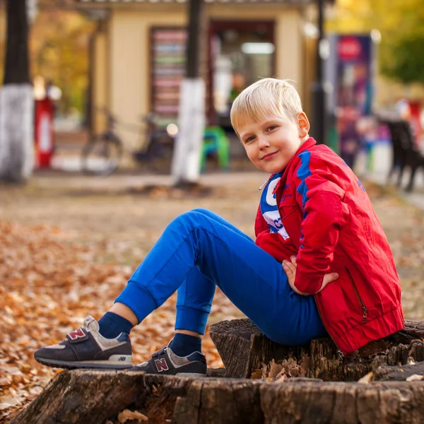 Portrait Little Boy Red Tracksuit Posing Background Autumn Park — Stock Photo, Image