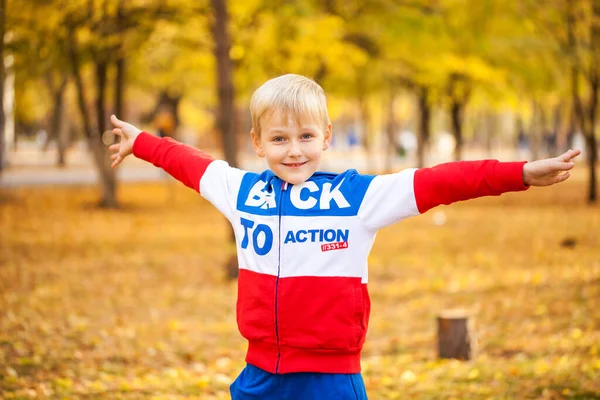 Portrait Little Boy Red Tracksuit Posing Background Autumn Park — Stock Photo, Image