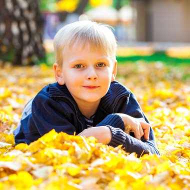 Sonbahar parkında küçük bir çocuğun portresi.