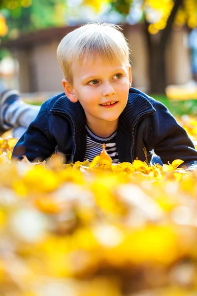 Porträtt Liten Pojke Höstparken — Stockfoto