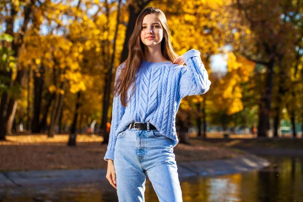 Крупный План Портрета Молодой Девушки Голубом Свитере Осенний Парк Открытом — стоковое фото