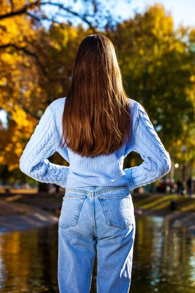 Bir sonbahar parkının arka planında uzun, güzel kadın saçı.