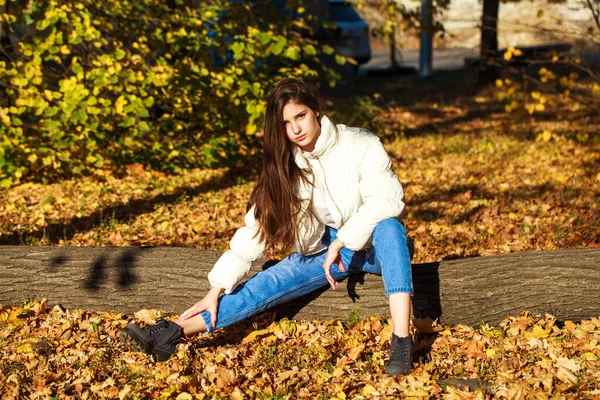 フルボディポートレートの若いです美しいですブルネット女の子で青ジーンズ 秋の公園屋外 — ストック写真