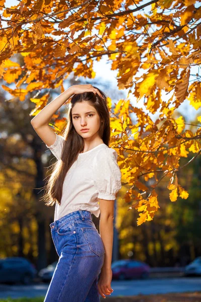 Meşe Yapraklı Genç Bir Kızın Sonbahar Portresi — Stok fotoğraf