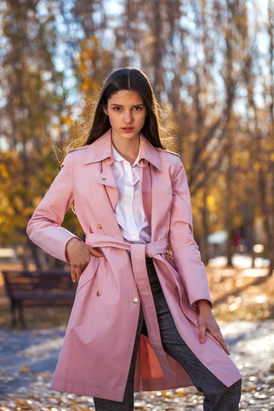 Close Portret Van Jonge Brunette Meisje Poseren Herfst Park — Stockfoto