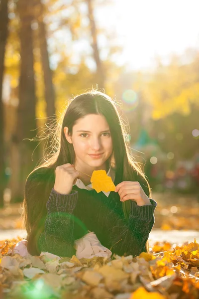 Menina Bonita Nova Suéter Roxo Encontra Folhas Outono Caídas — Fotografia de Stock