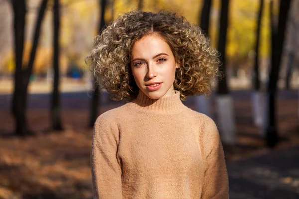 Peinado Pelo Rizado Retrato Una Joven Hermosa Chica Parque Otoño —  Fotos de Stock