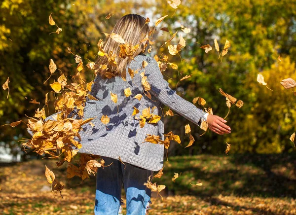 バックビューの肖像画の若い美しい少女の秋の公園でポーズ — ストック写真