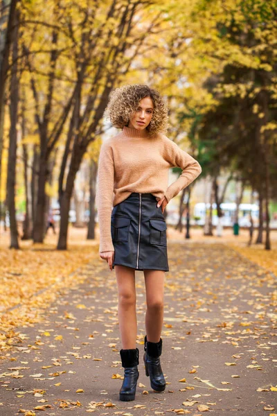 ヘアスタイル巻き毛 ベージュのセーターと黒のスカートの若い美しい女の子の肖像画 — ストック写真