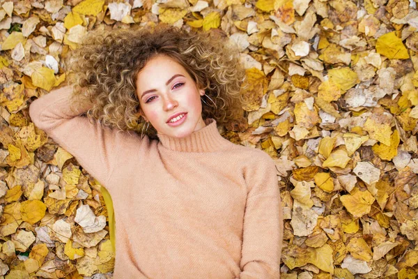 Top View Portrait Beautiful Young Woman Background Autumn Yellow Leaves — Stock Photo, Image