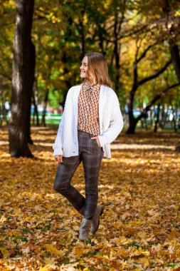 Güz parkında poz veren güzel genç kız.