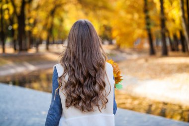 Arka manzara esmer saç modeli, sonbahar parkı açık hava.