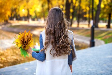 Arka manzara esmer saç modeli, sonbahar parkı açık hava.