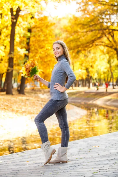 Ganztägiges Porträt Eines Jungen Schönen Mädchens Das Einem Herbstpark Posiert — Stockfoto